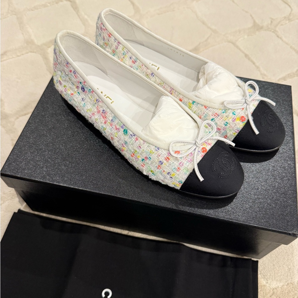 CHANEL Colorful Tweed Flats with Black Cap Toe